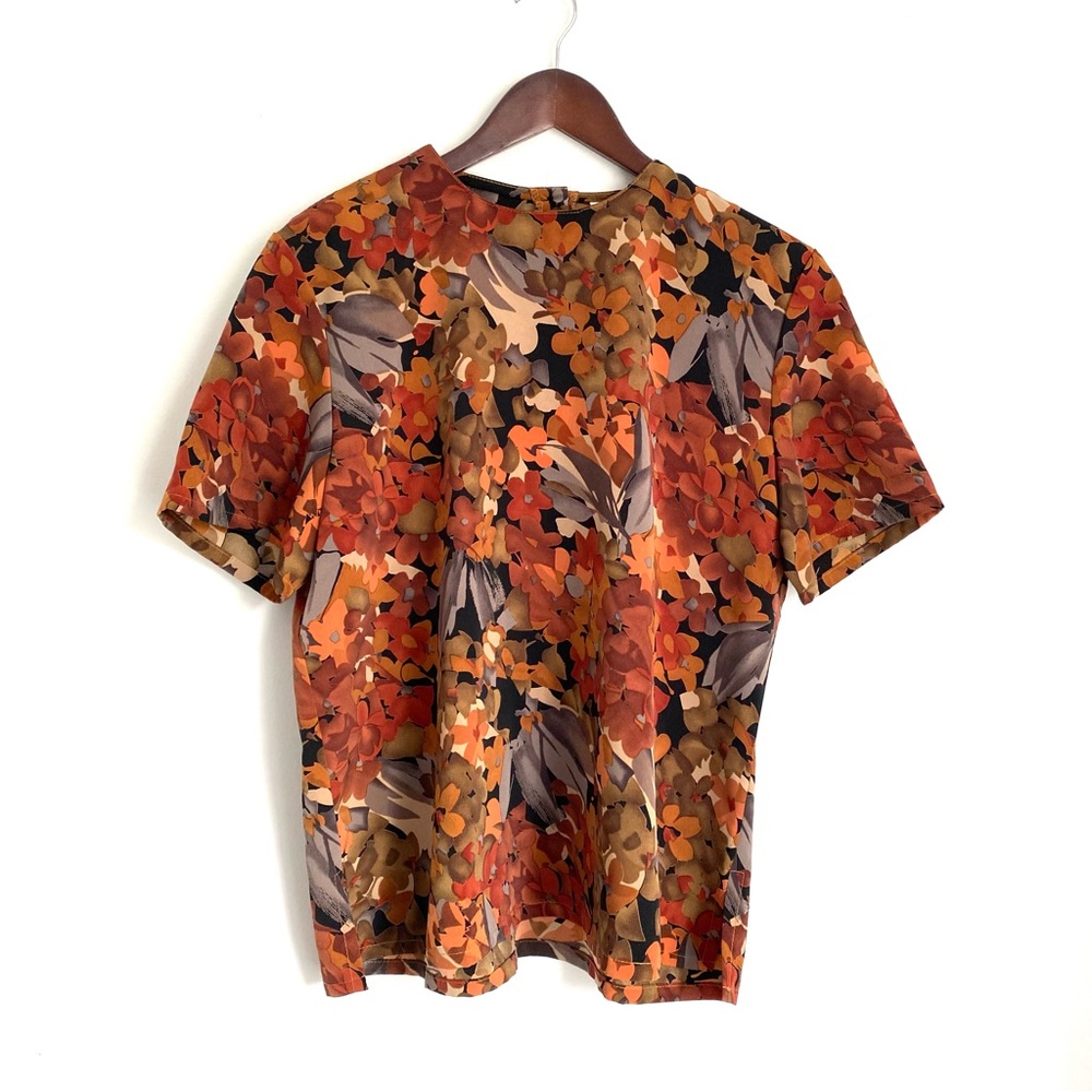 VINTAGE LORI By Am Casuals Womens Small Brown Floral Pattern Short Sleeve Blouse